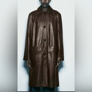 NWT Zara Olive- Brown Genuine Leather Long Trench Jacket Coat M